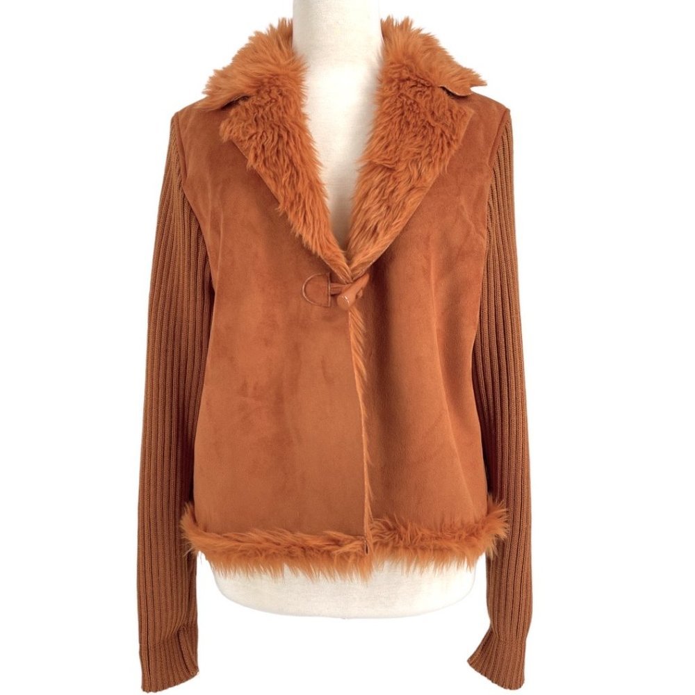 J. Marco Vintage Faux Fur Suede Knit Sleeve Toggle Closure Jacket